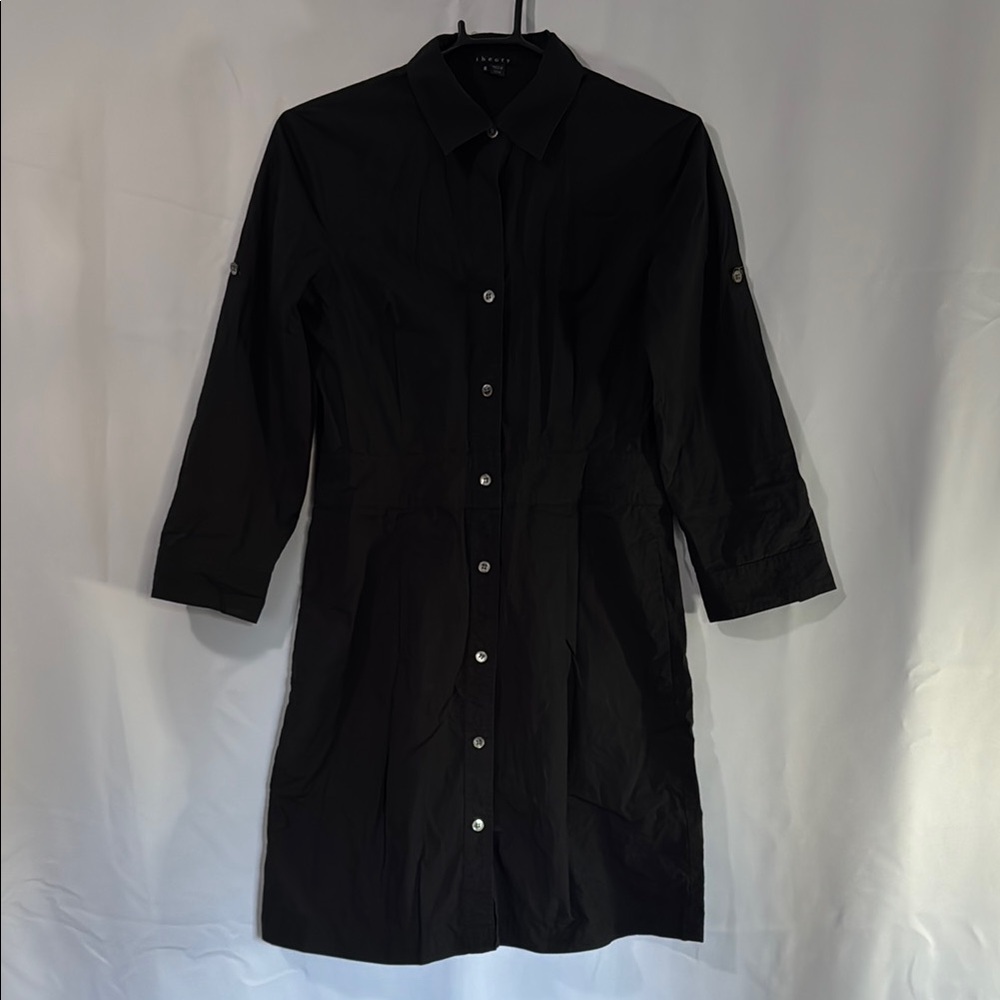 Theory | Black 3/4 Sleeve Cuffed Collared Shirt Dress